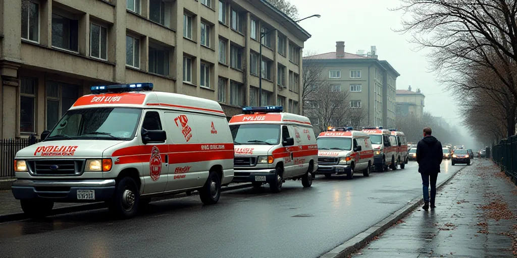 a line of police vehicles parked on the side of a road next to a building and a man walking, Eduardo