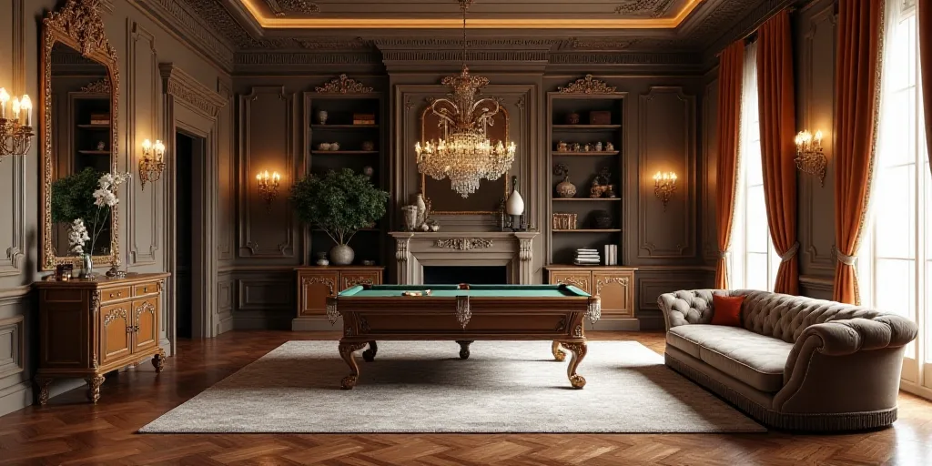 a living room with a pool table and couches in it and a piano in the middle of the room, Enguerrand