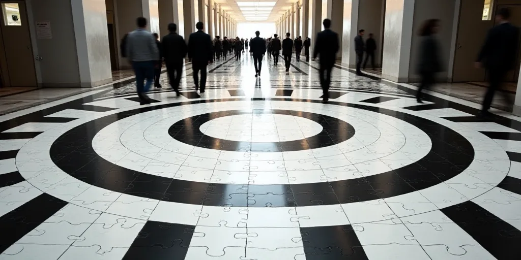 a lobby with a large circular sign on the floor and people walking around it in the background and a