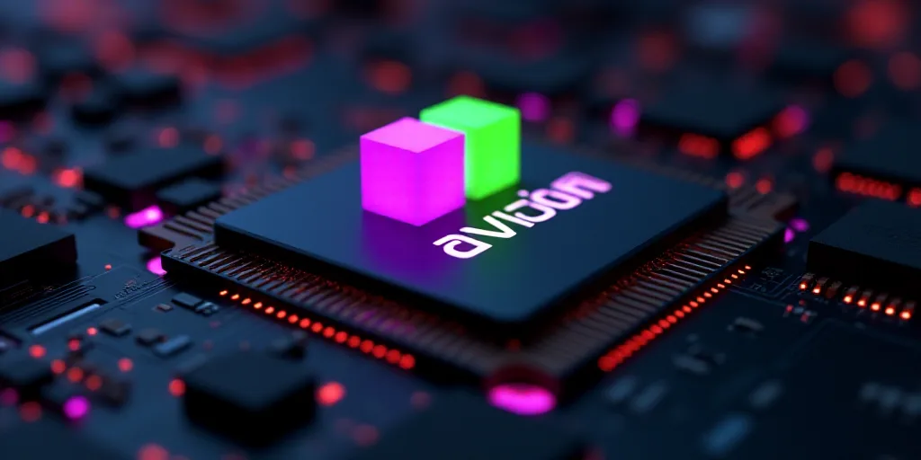 a logo on a computer chip that is printed with the word aviddn on it and two cubes of purple and gre