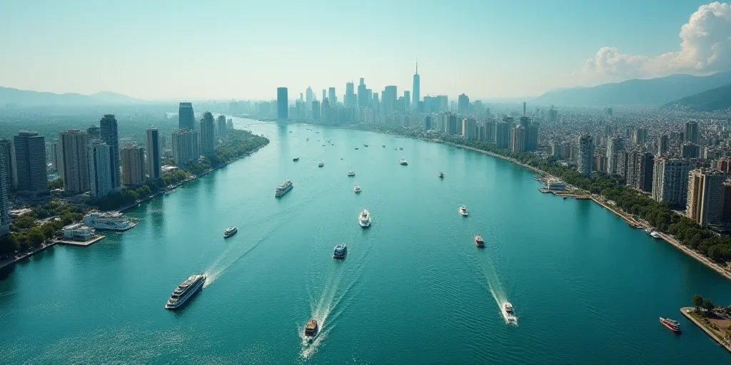 a long stretch of water with boats in it and a city in the background with a sky line in the middle,