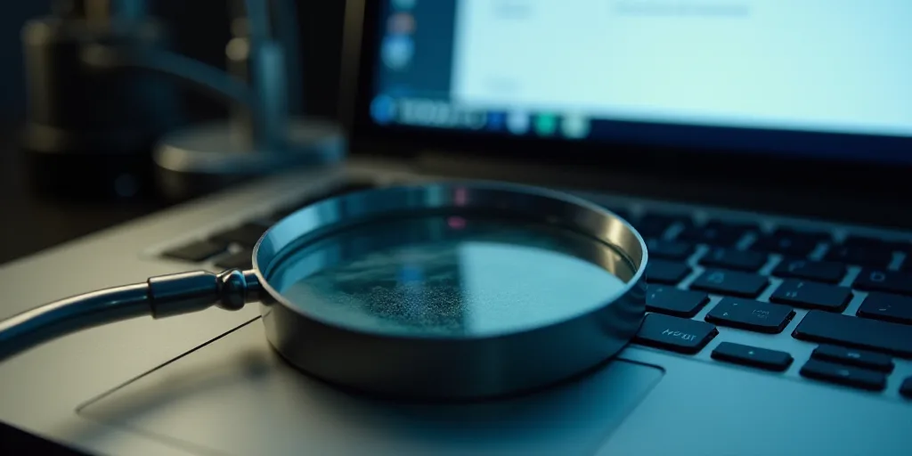 a magnifying glass sitting on top of a laptop computer keyboard next to a computer screen with a web