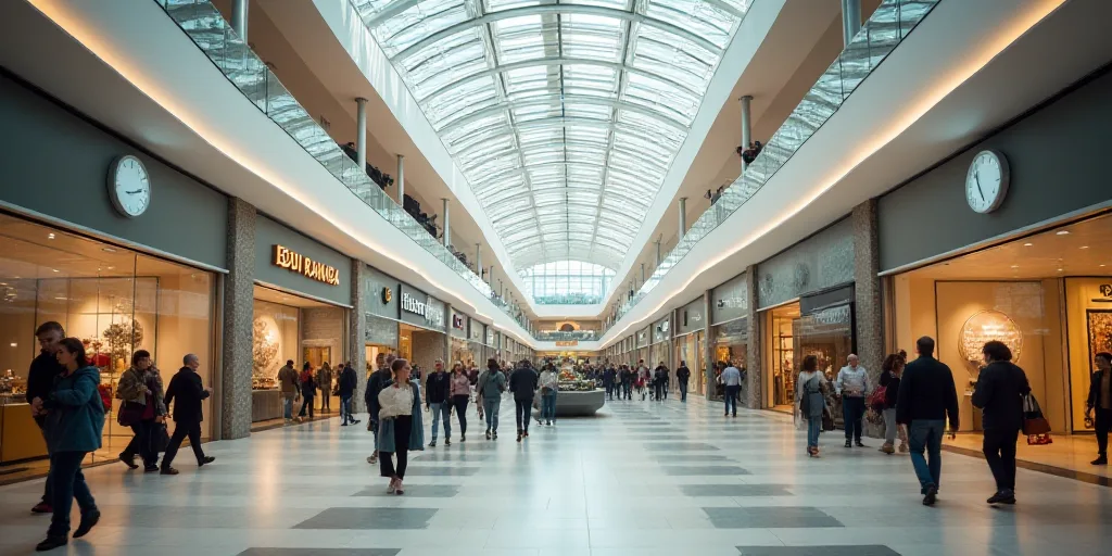 a mall with a lot of people walking around it and a few shops on the ground below them and a few peo