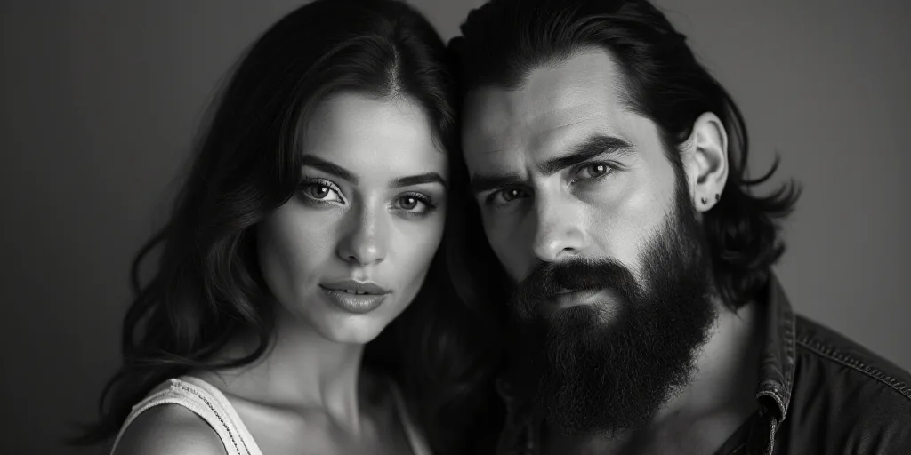 a man and a woman are posing for a picture together in a black and white photo with a beard, Barbara