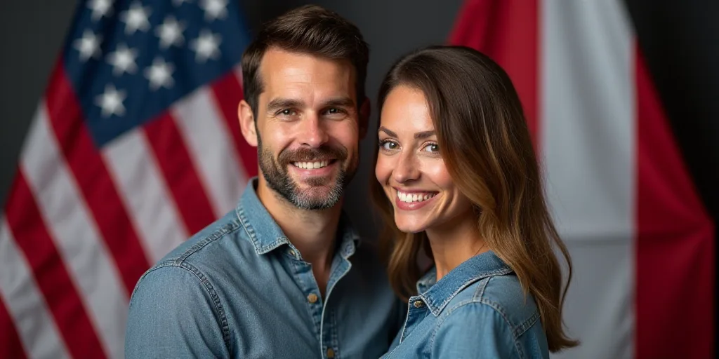 a man and a woman are smiling for a picture together in front of an american flag and a flag, Anne R