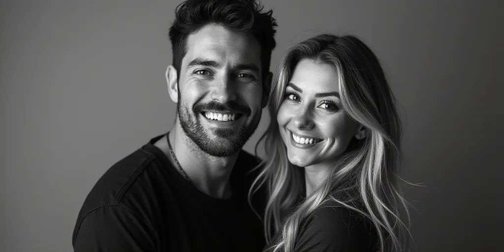 a man and a woman are smiling for a picture together in a black and white photo with a beard, Barbar