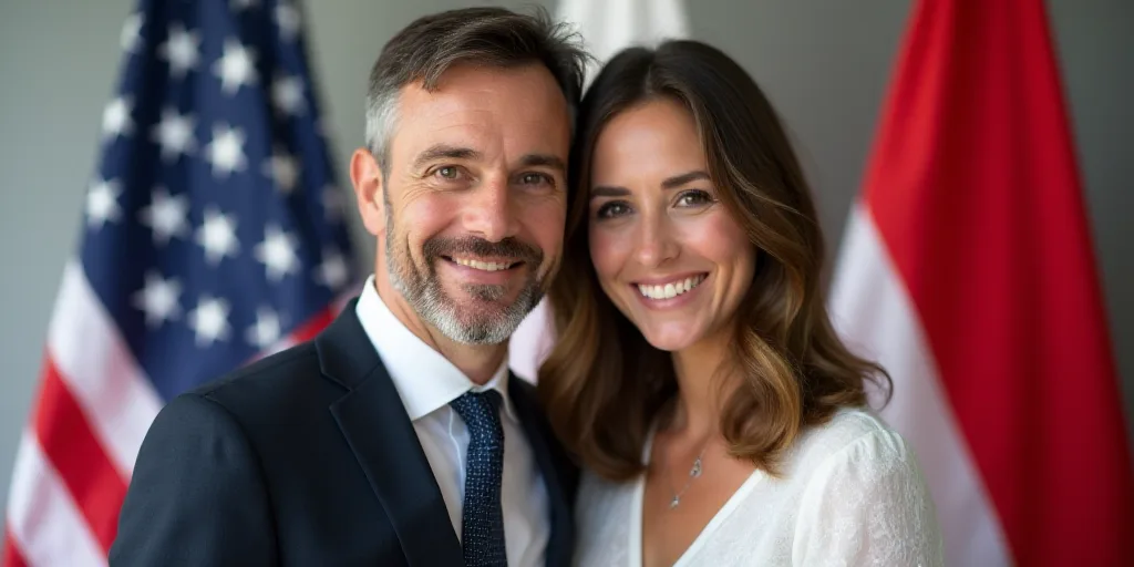 a man and a woman are smiling for a picture together in front of a flag and a flag behind them, Anne