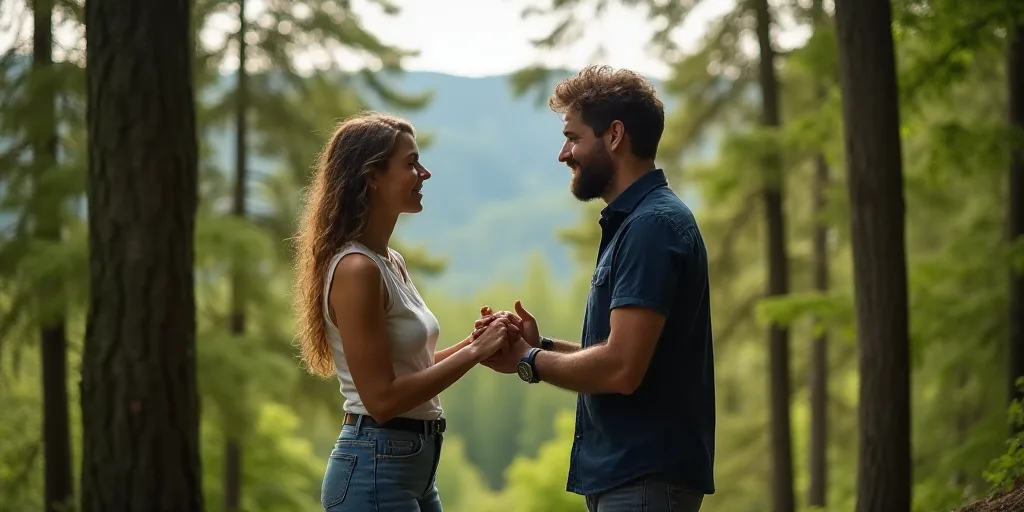 a man and a woman shaking hands in front of trees and a forest in the background with a forest in th