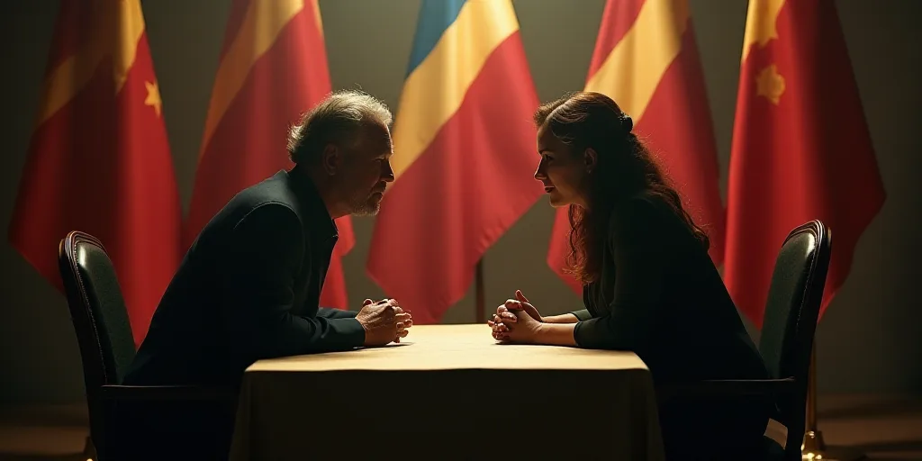 a man and a woman sitting at a table talking to each other in front of flags and flags behind them,