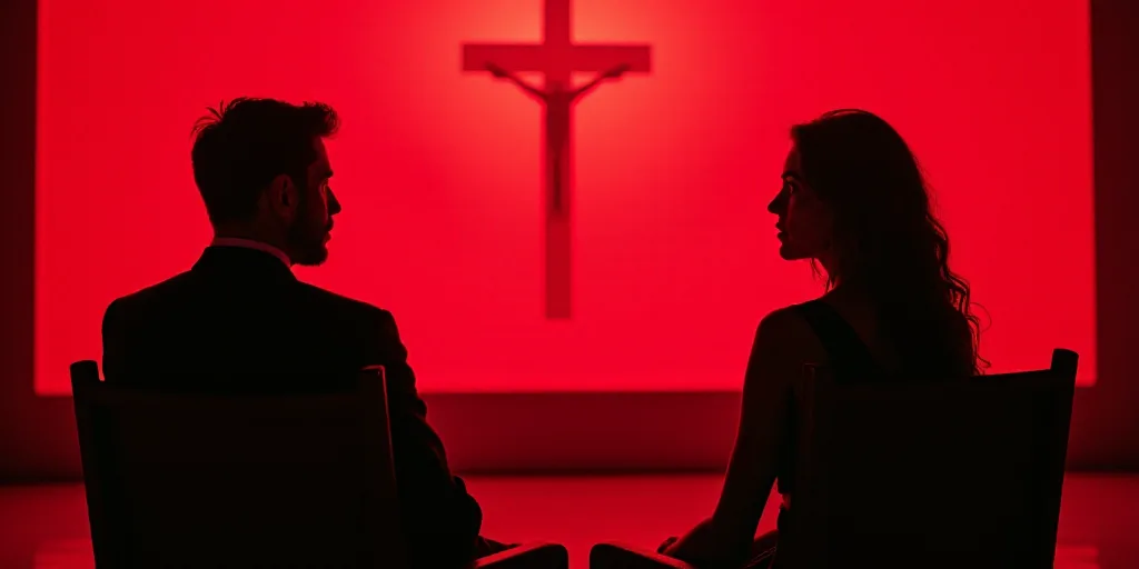a man and a woman sitting in chairs talking to each other in front of a red church with a red screen