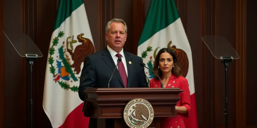 a man and a woman standing at a podium in front of flags of mexico and mexico and mexico's coat of a
