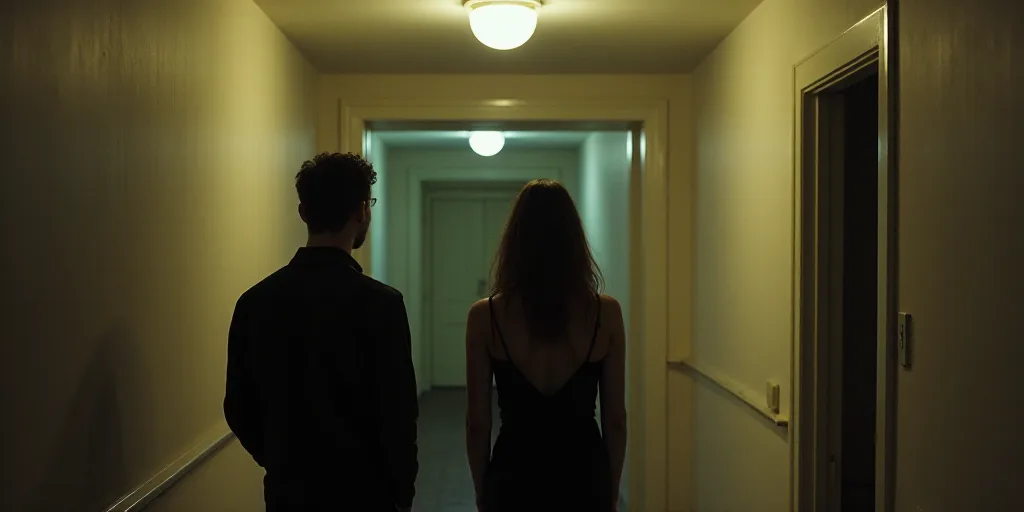 a man and a woman standing next to each other in a hallway with a light fixture above them and a doo