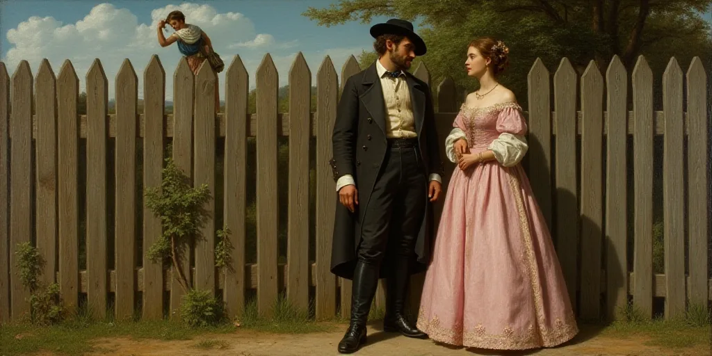 a man and a woman standing next to a fence with a man in a hat on it and a woman in a dress, Araceli