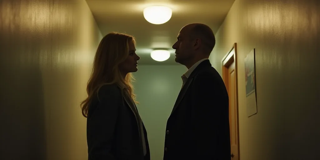 a man and a woman standing next to each other in a hallway with a light fixture above them and a doo