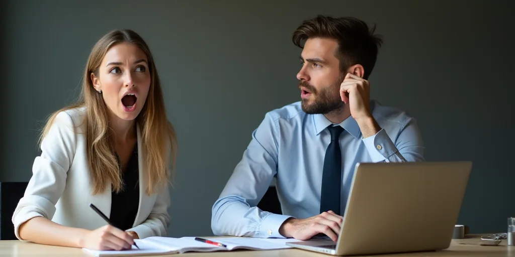 a man and woman in an office setting with a laptop and papers in front of them, with a woman screami