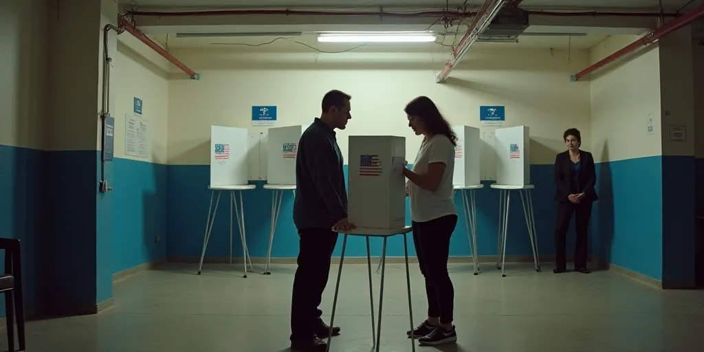 a man and woman looking at a voting machine in a garage area of a building with a woman looking at a