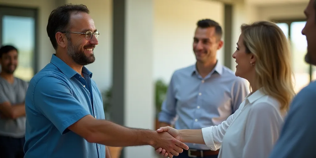 a man and woman shaking hands with a man in a blue shirt and a woman in a white shirt, Aníbal Villa