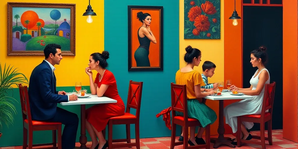 a man and woman sitting at a table in a restaurant with a painting on the wall behind them and a wom