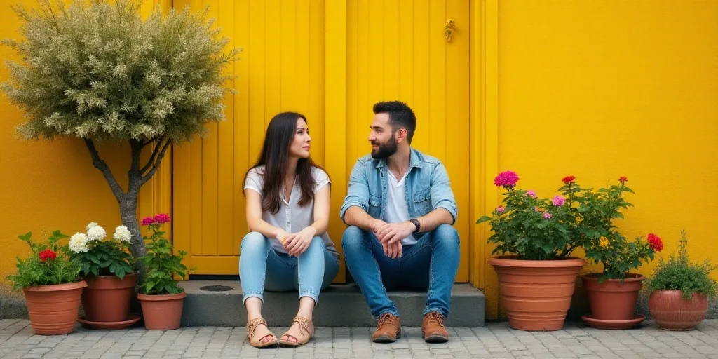 a man and woman sitting on a step next to flowers and potted plants in front of a yellow wall, Ada G