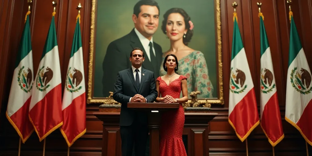 a man and woman standing at a podium in front of flags and a painting of mexican president and first