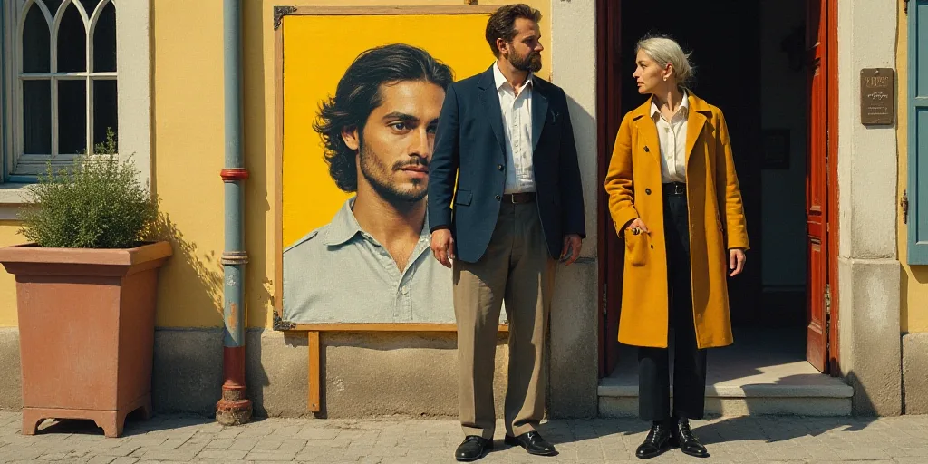 a man and woman standing next to each other near a sign with a picture of a man on it, Évariste Vit
