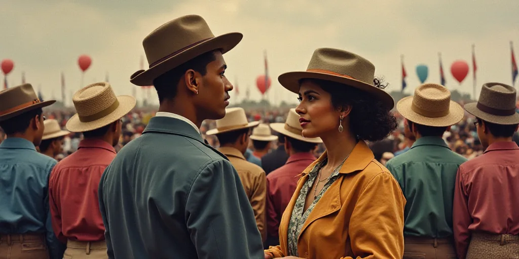 a man and woman standing next to each other in front of a crowd of people wearing hats and holding p