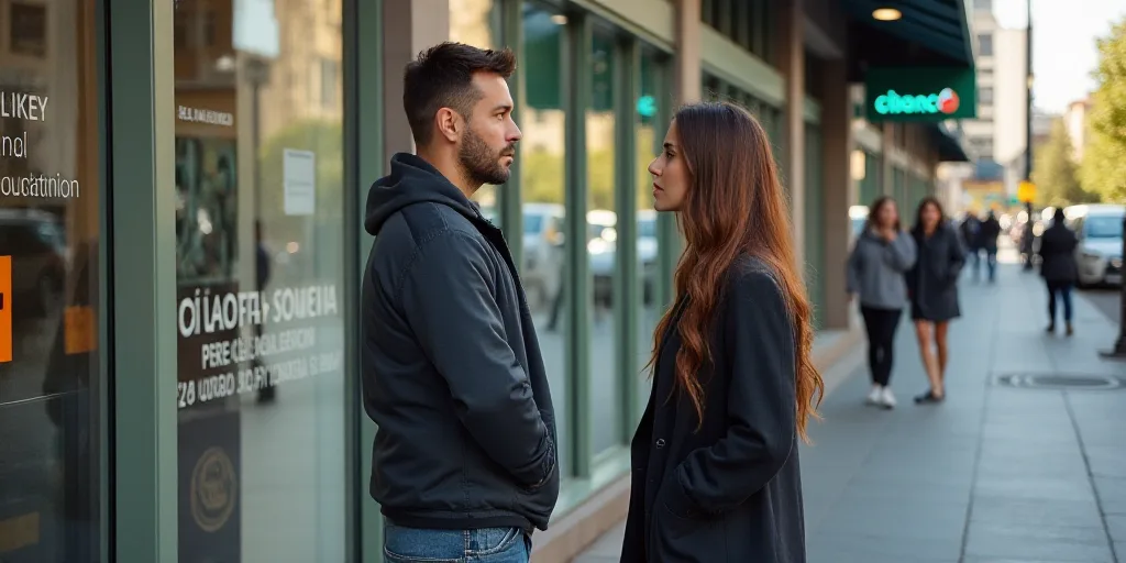 a man and woman standing outside of a bank building talking to each other in front of a sign that sa