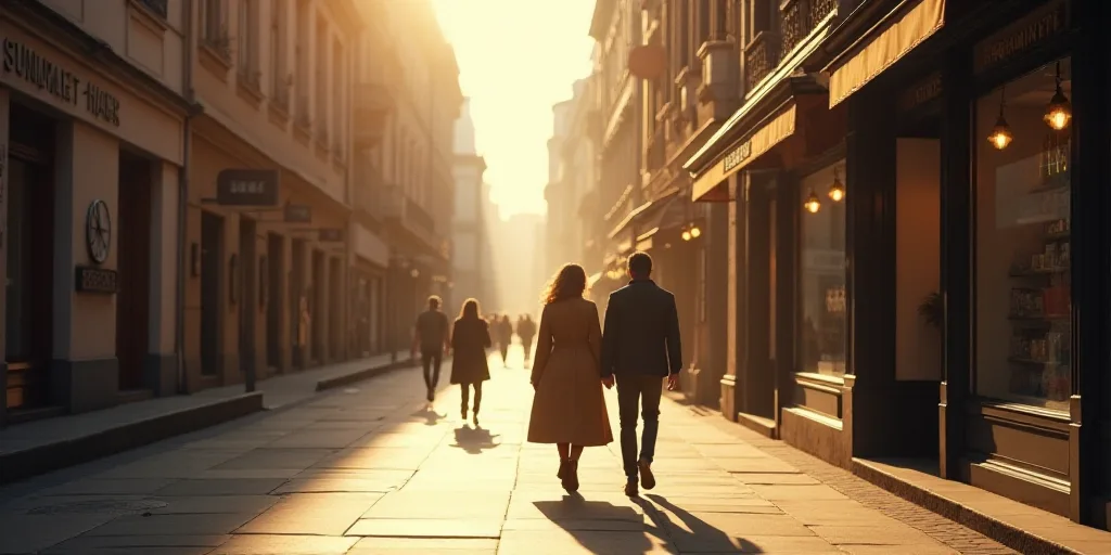a man and woman walking down a street next to tall buildings and shops on a sunny day with the sun s