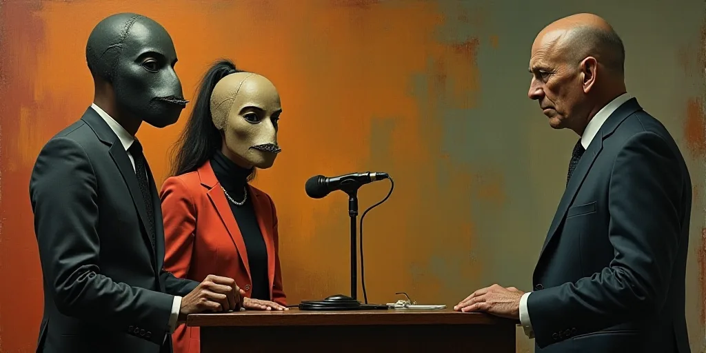 a man and woman wearing masks standing at a podium with a microphone in front of them and a man in a