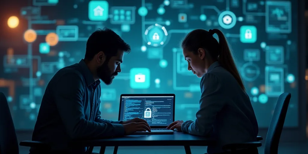 a man and woman working on a laptop computer with a padlock on the screen and icons above them, Engu