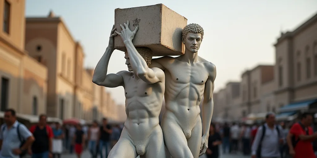 a man carrying a box on his head while another man carries a box on his shoulder in a crowded area,