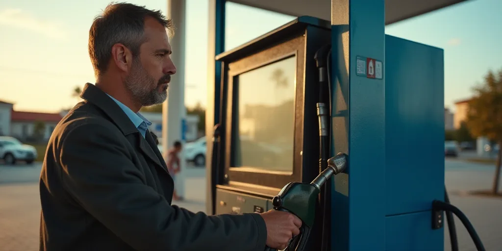 a man filling up a gas pump at a gas station with another man standing nearby and a gas pump in the