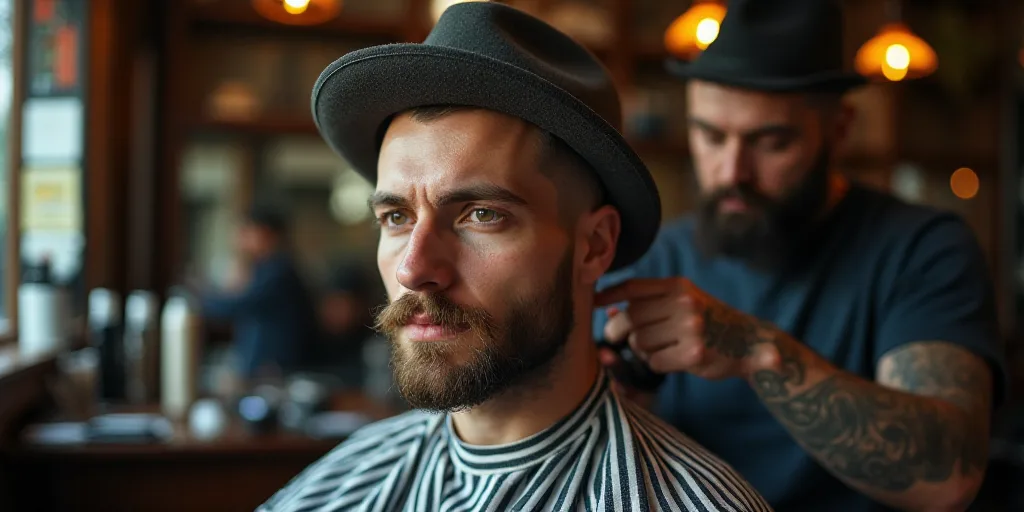 a man getting his hair cut by a barber in a barber shop with a man in a hat on, Altichiero, head in