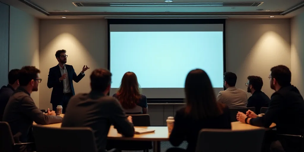 a man giving a presentation to a group of people in a room with a large screen on the wall, Eduardo