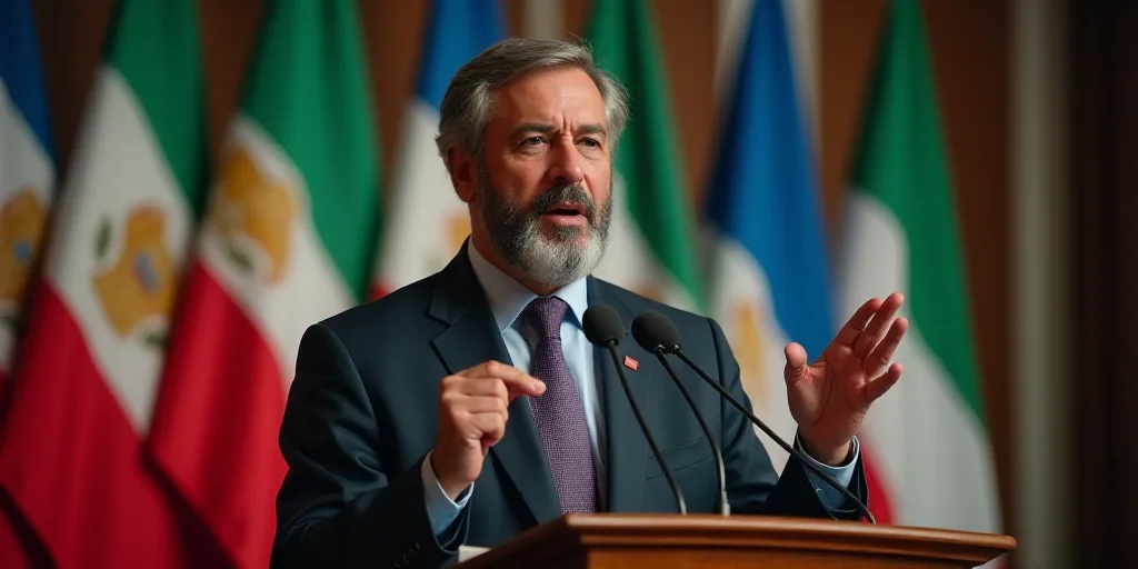 a man giving a speech in front of flags and a microphone with a microphone in his hand and a microph