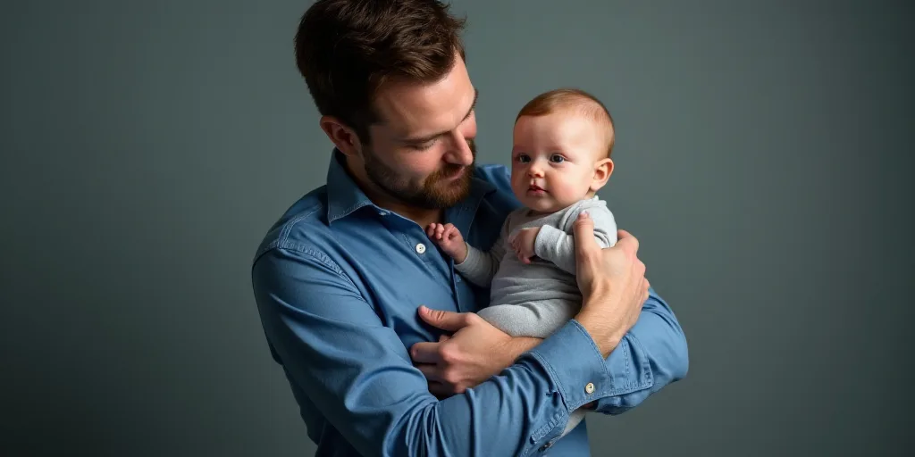 a man holding a baby in his arms while wearing a blue shirt and a blue shirt on his chest, Adam Bruc
