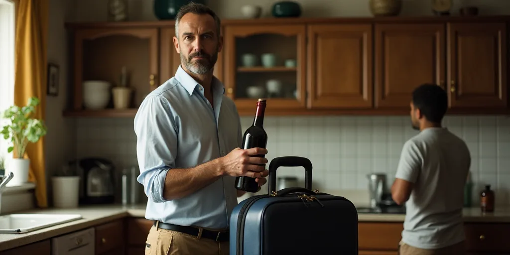 a man holding a bottle of wine in a kitchen with a suitcase in front of him and a man in the backgro