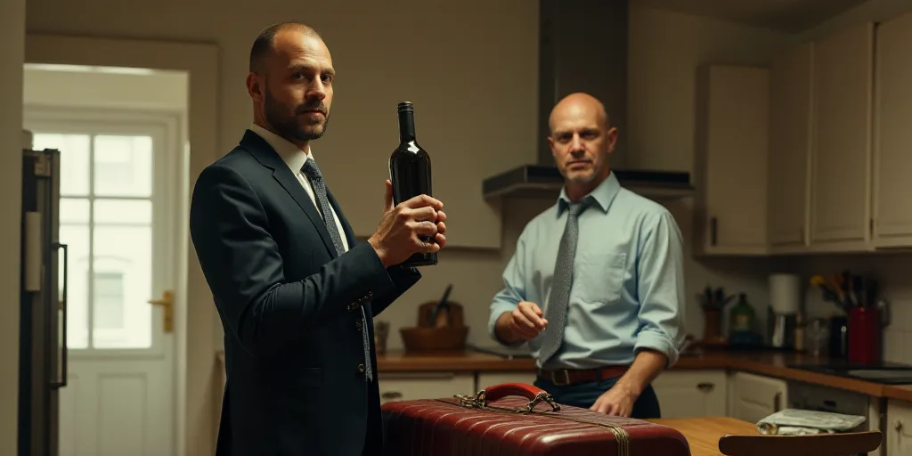 a man holding a bottle of wine in a kitchen with a suitcase in front of him and a man in the backgro