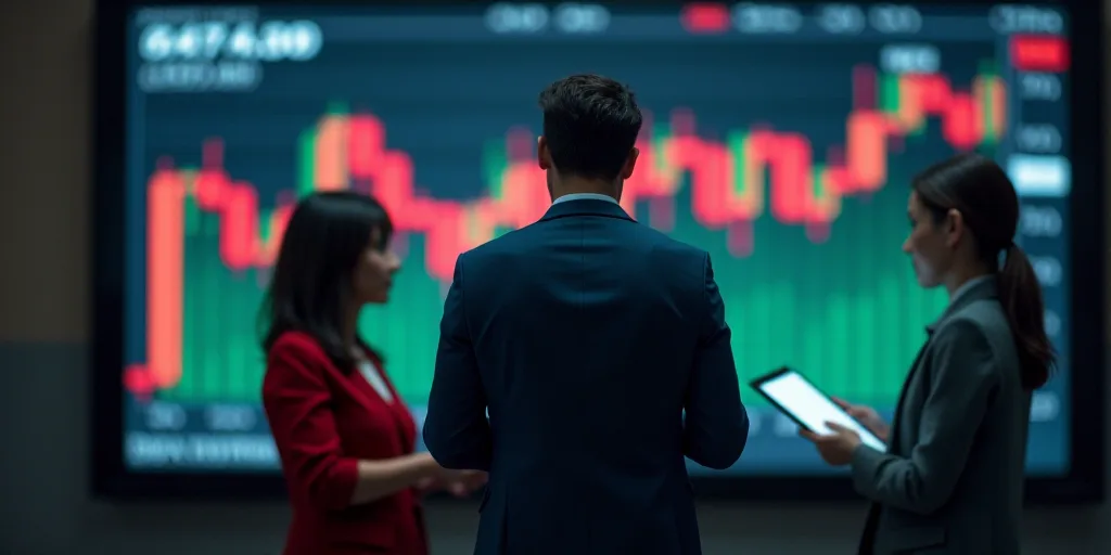 a man holding a cell phone in front of a stock market board with a woman looking at it and another w