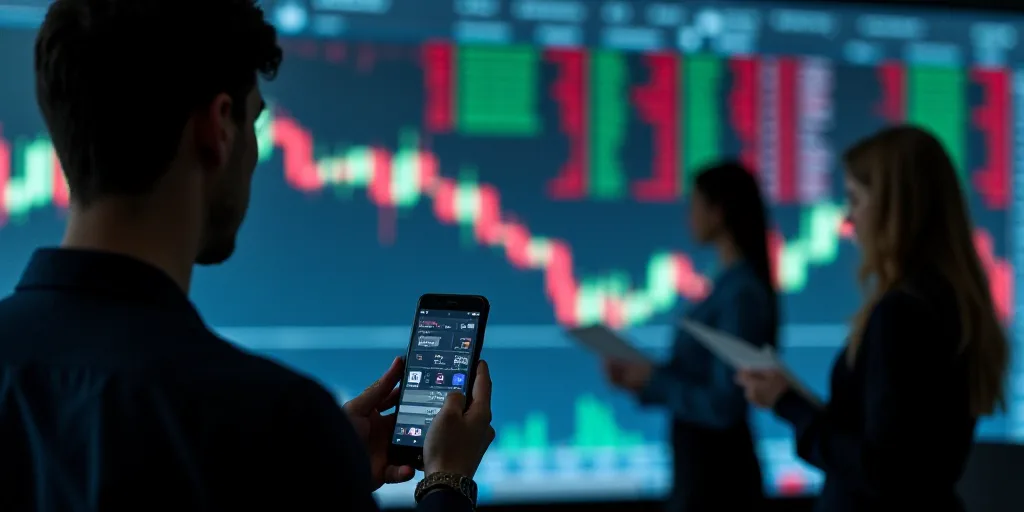 a man holding a cell phone in front of a stock market board with a woman looking at it and another w