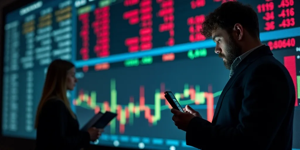 a man holding a cell phone in front of a stock market board with a woman looking at it and another w