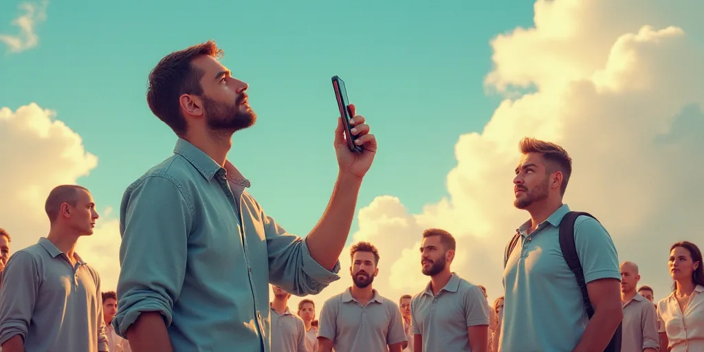 a man holding a cell phone in his hand and looking up at the sky with other people around him, Carlo