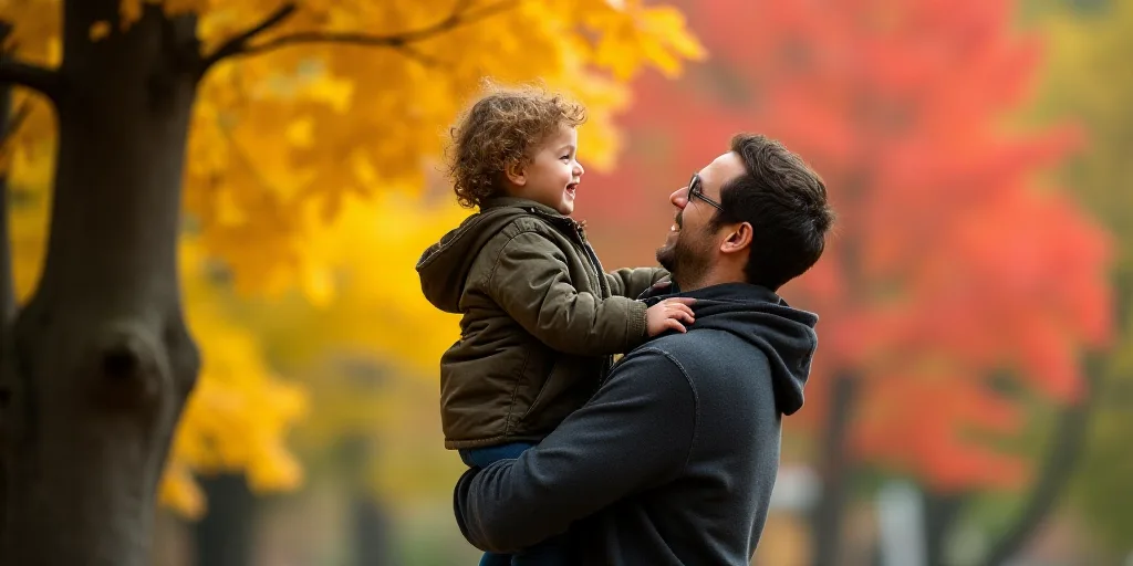 a man holding a child in his arms in front of a tree with orange leaves in the background and a yell