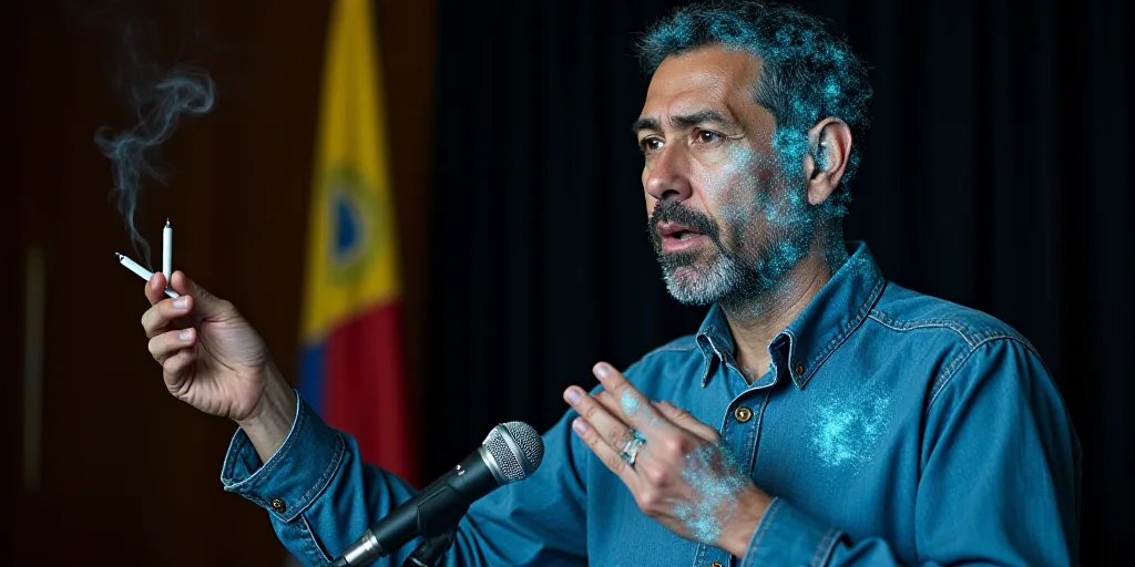 a man holding a cigarette in front of a microphone and a flag behind him with a pen in his hand, Car