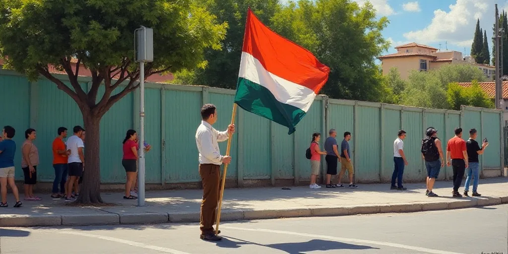a man holding a flag on a street corner with people walking by and a fence in the background and tre