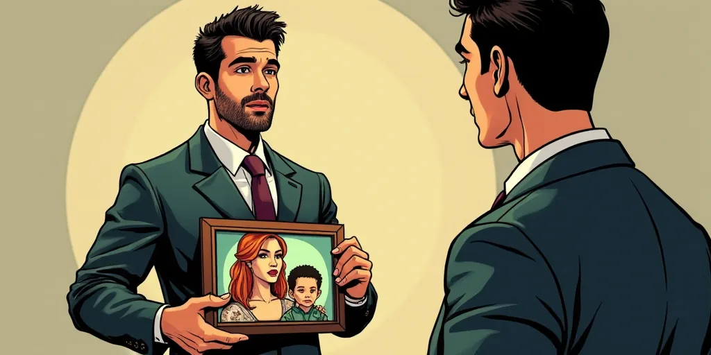 a man holding a framed picture with a woman and a child in front of him and a man in a suit and tie,