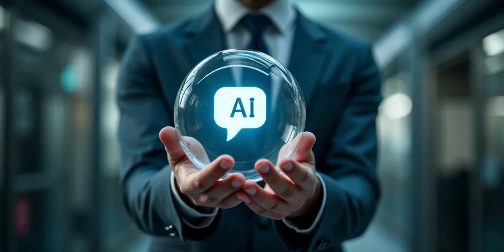 a man holding a glass ball with a message bubble above it that says ai on it and a chat bubble above