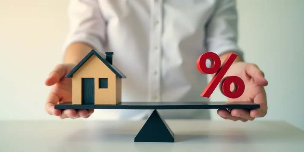 a man holding a house and a small house on a scale with a percentage sign on it, with a red percenta