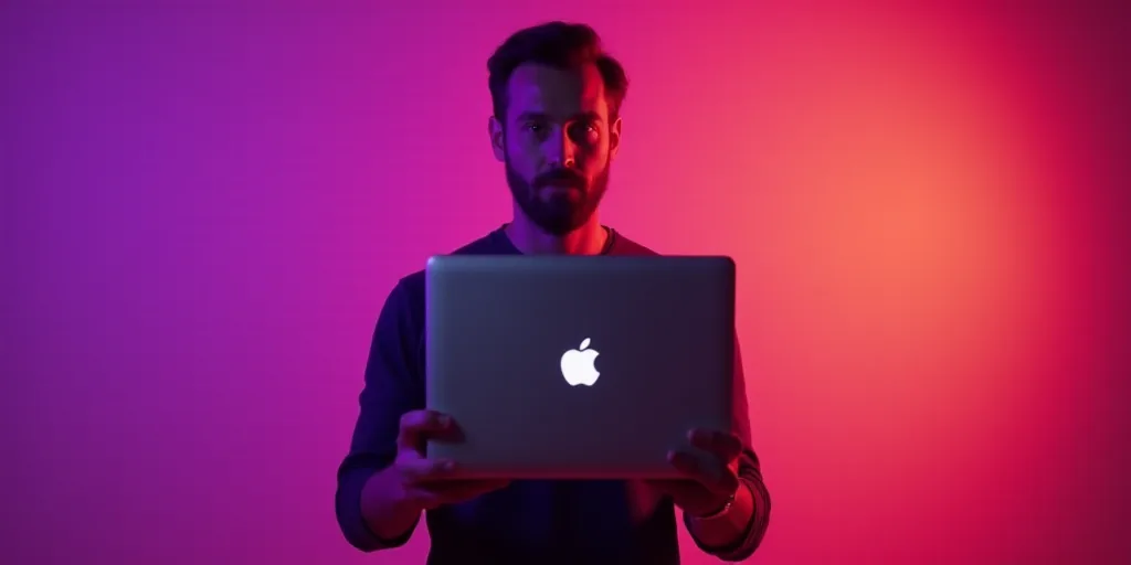 a man holding a laptop computer in his hands and a purple background with a red and orange backgroun