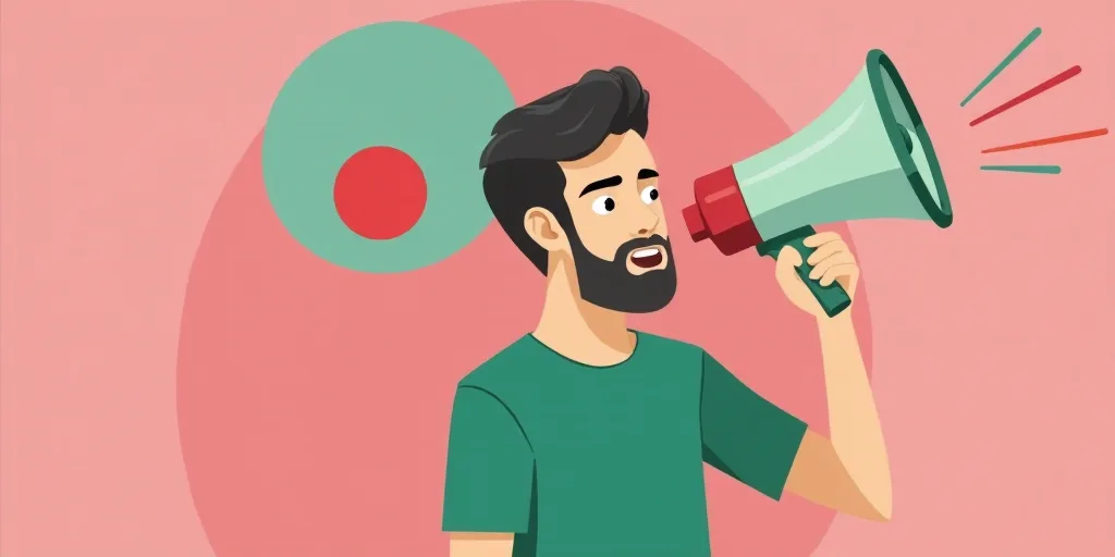 a man holding a megaphone with a pink background and a green circle with a pink background and a blu